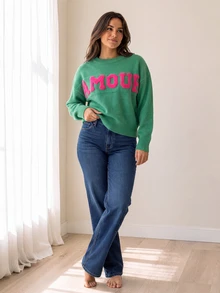 Women's Plus Size Green Cupid Pattern Ribbed Knit Pullover Sweater, Long Dropped Shoulder Round Neck Regular Length Knit Top, Suitable For Autumn Wear - Green - View 1