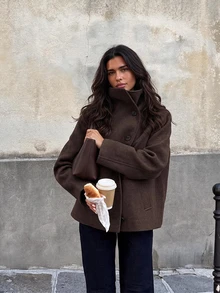 Women's Vintage Solid Color Double-Breasted High Neck Jacket, Autumn/Winter Commuter Coat - Brown - View 3