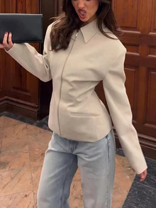 Women's Wide Shoulder Zipper Lightweight Jacket, Slim Fit Long Sleeve Solid Color Coat, Suitable For Spring And Autumn - Khaki - View 3