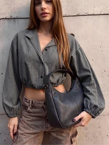 Women's Plaid Long Sleeve Shirt With Elastic Hem, Casual Style, Front Button Closure, Checkered Pattern - Black and White - View 4