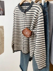 Plus Size Women's Autumn/Winter Striped Knit Cardigan, Round Neck Single-Breasted Long Sleeve, Loose Casual Daily Outerwear - Grey - View 3