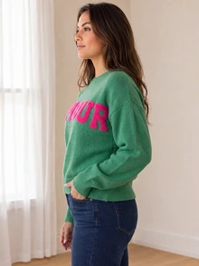 Women's Plus Size Green Cupid Pattern Ribbed Knit Pullover Sweater, Long Dropped Shoulder Round Neck Regular Length Knit Top, Suitable For Autumn Wear - Green - View 3