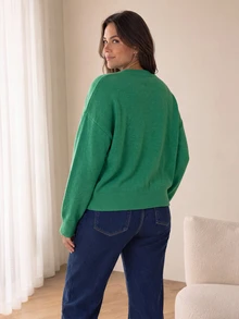 Women's Plus Size Green Cupid Pattern Ribbed Knit Pullover Sweater, Long Dropped Shoulder Round Neck Regular Length Knit Top, Suitable For Autumn Wear - Green - View 4