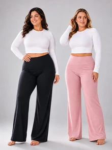 2pcs Plus Size Black High Waist Straight Leg Yoga Pants, Tummy Control Butt Lifting 4-Way Stretch Workout Pants, Suitable For All Seasons - Black - View 2