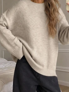 Women's New Autumn/Winter Solid Color Round Neck Drop Shoulder Long Sleeve Knit Sweater, Suitable For Daily Wear And Commuting, Casual Style - Fog Gray - View 9