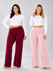 2 buah Celana Yoga Ukuran Besar Pinggang Tinggi Kaki Lurus, Pengontrol Perut dan Pengangkat Bokong, Celana Olahraga Elastis 4 Arah, Cocok untuk Semua Musim - Burgundy - View 2