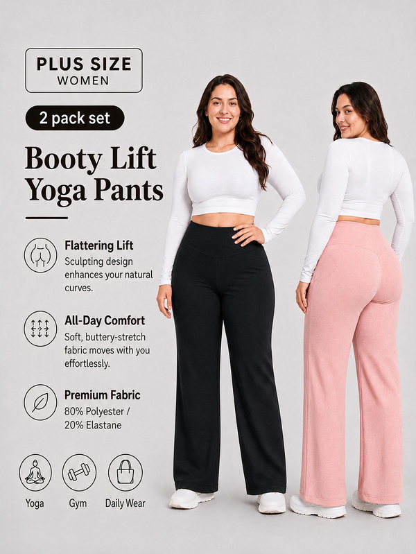 2 piezas Pantalones de yoga de talla grande negros de cintura alta y pierna recta, control de abdomen y levantamiento de glúteos con elasticidad en 4 direcciones, adecuados para todas las estaciones