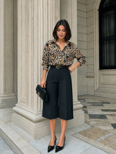 Women's Elegant Casual Brown Leopard Print Button-Up Long Sleeve Shirt, Suitable For Vacation, Office, Outings