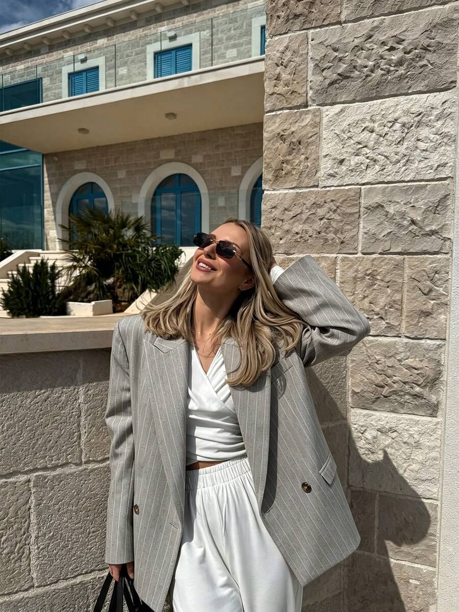 Women's Lightweight Pinstripe Double-Breasted Blazer, Loose Casual Fit, With Shoulder Pads Business Office Jacket Fall