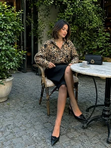 Women Fall Elegant Casual Brown Leopard Oversized Long Sleeve Shirt For Vacation Office Going Out - Multicolor - View 3