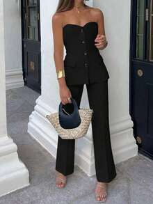 2pcs Elegant Minimalist Holiday Party Commute Daily Business Suit Top, Back To School Summer Black - Black - View 2