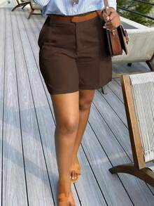 Summer Back-To-School Solid Color Slant Pocket Casual Shorts Brown - Brown - View 2