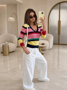 MORI Fall Winter Y2K Elegant Casual Rainbow Color Block Striped V Neck Ribbed Knit Pullover Sweater Tops Women Going Out Party Vacation Outfits - Multicolor - View 7