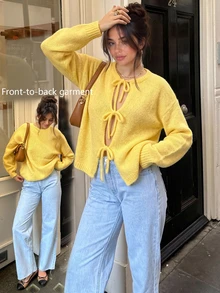 (Wende) (Wollmaterial) 2026 Herbst/Winter Neue Mode Französische Hot Girl Rundhals Schleife Langarm Damen Pullover geeignet für Ausflüge, Dates, Treffen, Nachmittagstee, Alltag, Pendeln, Schulanfang, Partys, Y2K, Weihnachten - Gelb - Übersicht 7