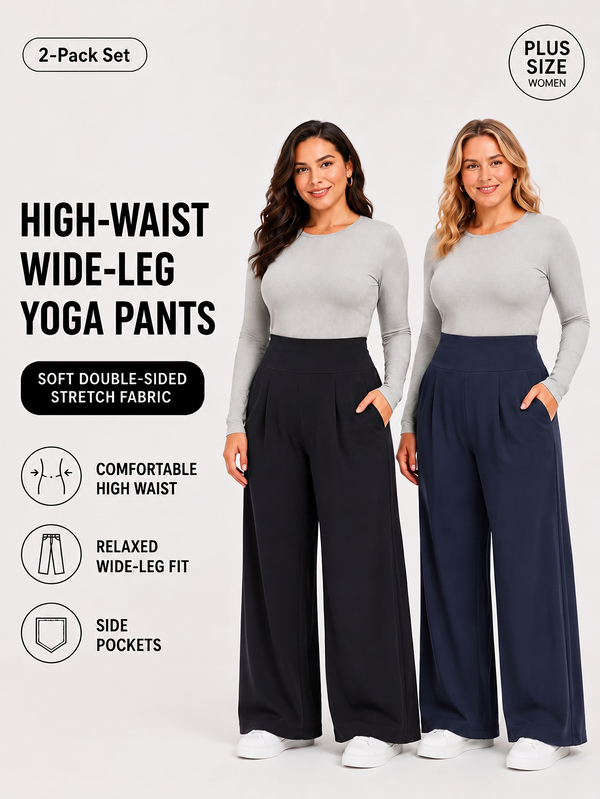 2pcs Plus Size Women's High Waist Solid Color Sports Pants, Loose Wide Leg Yoga Leggings With Side Pockets, Autumn Casual Jogging Pants