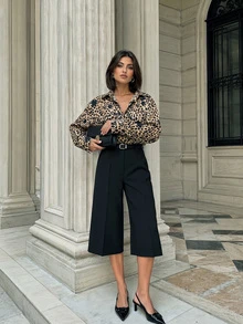 Women Fall Elegant Casual Brown Leopard Oversized Long Sleeve Shirt For Vacation Office Going Out - Multicolor - View 1