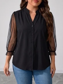 Blus Chiffon Hitam Kerah Tegak Sedikit Transparan Gaya Dewasa Elegan Ukuran Plus untuk Wanita dengan Desain Lengan Tengah Berkerut Elastis, Cocok untuk Perjalanan Sehari-hari dan Kencan. - Hitam - View 2