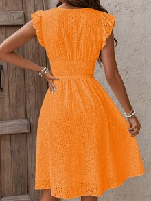 Women's Floral Jacquard Hollow Elegant V-Neck A-Line Midi Dress With Ruffle Sleeves And Ruffle Hem, Suitable For Summer Outings, Vacations And Parties - Orange - View 3