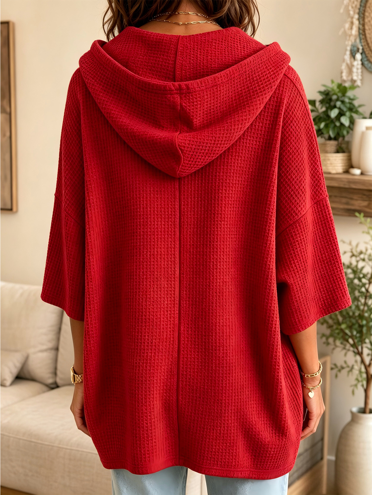 Plus Size Women's New Solid Color Knit Hooded Drawstring Waffle Casual Top - Red - View 2