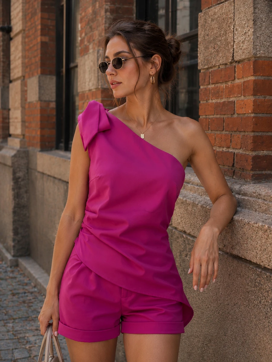 Women's Asymmetric Collar Sleeveless Cropped Top And Shorts Woven 2 Pieces Set With Pockets - Hot Pink - View 1