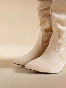 Glizzene Sepatu Bot Hak Tinggi Berlipit Ujung Lancip untuk Wanita, Sepatu Bot Hak Pendek, Sepatu Pesta, Busana Musim Gugur/Dingin - Unta - View 4