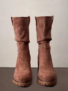 Hatastic Autumn/Winter Women's Brown Suede Round Toe Chunky Heel Western Cowboy Boots, Home And Daily Wear Halloween - Brown - View 1