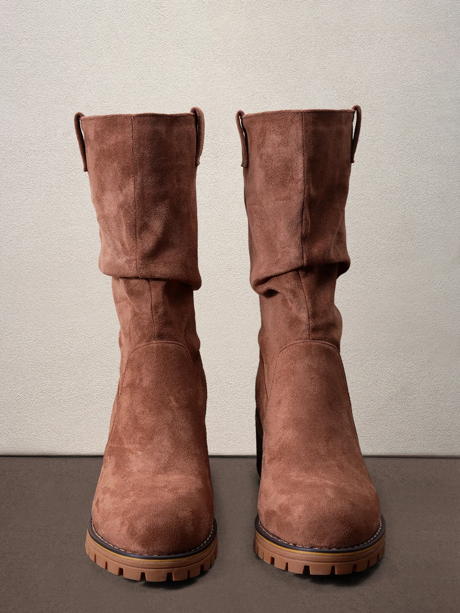 Hatastic Autumn/Winter Women's Brown Suede Round Toe Chunky Heel Western Cowboy Boots, Home And Daily Wear Halloween - Brown - View 1