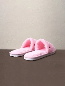 Hatastic Women's Heart Embroidery Fuzzy Open Toe Slippers, Fashionable Cute Home Shoes, Autumn/Winter Maternity Shoes Halloween - Pink - View 2