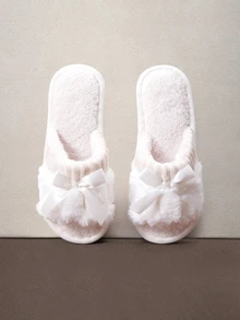 Hatastic Women's Bowknot Design Loose Fit Open Toe Slippers, Comfortable Solid Color Plush House Shoes For Bedroom And Floor Halloween - White - View 1