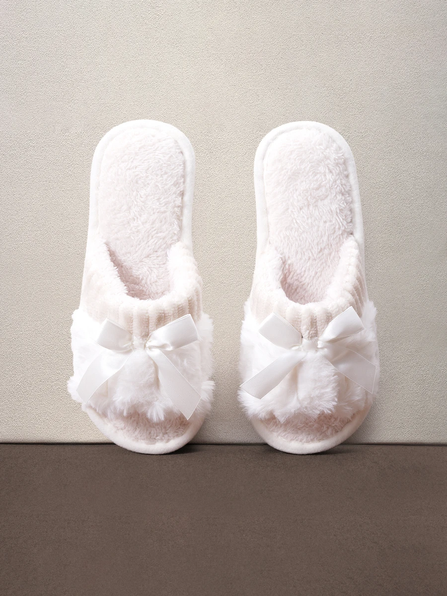 Hatastic Women's Bowknot Design Loose Fit Open Toe Slippers, Comfortable Solid Color Plush House Shoes For Bedroom And Floor Halloween - White - View 1