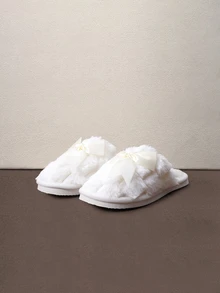 Hatastic Autumn/Winter Closed Toe Ribbon Bow Slippers For Women, Lightweight Fluffy Indoor/Outdoor Casual Slippers, Bedroom Girly Style Halloween - White - View 3