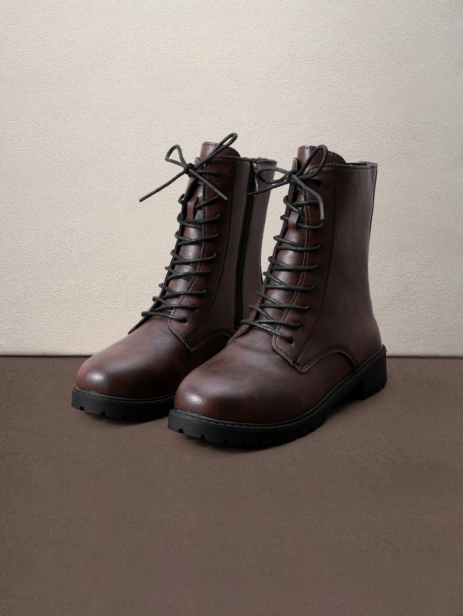 Hatastic Fall/Winter Fashionable Retro Lace-Up Side Zipper Ankle Chelsea Boots, Holiday Must-Have Matching Perfect, Cozy Winter, Christmas Gift - Brown - View 1