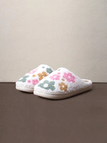 Hatastic Floral Plant Fresh Soft Velvet Comfortable Flat Slippers Halloween - White - View 3