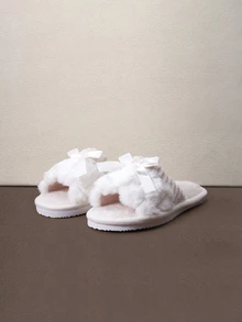Hatastic Women's Bowknot Design Loose Fit Open Toe Slippers, Comfortable Solid Color Plush House Shoes For Bedroom And Floor Halloween - White - View 3