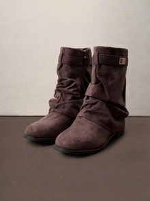 Hatastic 2025 Western Ruched Ankle Boots For Women, Autumn/Winter Vintage Cowboy Riding Boots With Buckle, Holiday Style Halloween - Chocolate Brown - View 3
