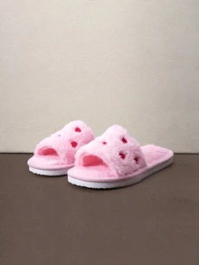 Hatastic Women's Heart Embroidery Fuzzy Open Toe Slippers, Fashionable Cute Home Shoes, Autumn/Winter Maternity Shoes Halloween - Pink - View 4