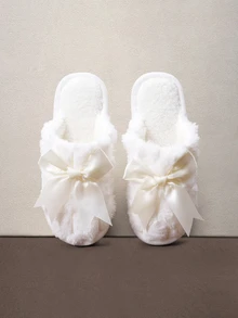 Hatastic Autumn/Winter Closed Toe Ribbon Bow Slippers For Women, Lightweight Fluffy Indoor/Outdoor Casual Slippers, Bedroom Girly Style Halloween - White - View 1