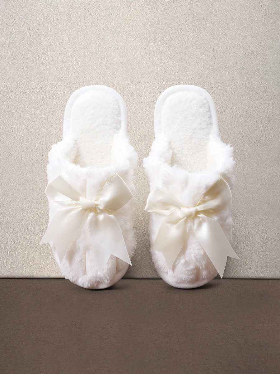Hatastic Autumn/Winter Closed Toe Ribbon Bow Slippers For Women, Lightweight Fluffy Indoor/Outdoor Casual Slippers, Bedroom Girly Style Halloween - White - View 1