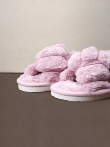 Hatastic Fall/Winter Women's Slippers With Criss-Cross Strap & Fluffy Decor, Slippers Halloween - Dusty Pink - View 4