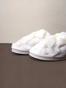Hatastic Autumn/Winter Closed Toe Ribbon Bow Slippers For Women, Lightweight Fluffy Indoor/Outdoor Casual Slippers, Bedroom Girly Style Halloween - White - View 4