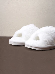 Hatastic Fall/Winter Women's Criss-Cross Fuzzy Open-Toe Slippers, Non-Slip Indoor Home Slippers ,Fluffy Slippers Halloween - White - View 4