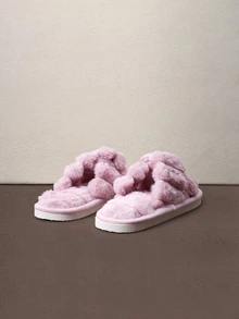Hatastic Fall/Winter Women's Slippers With Criss-Cross Strap & Fluffy Decor, Slippers Halloween - Dusty Pink - View 2