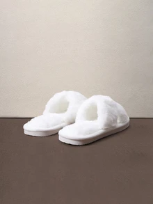 Hatastic Fall/Winter Women's Criss-Cross Fuzzy Open-Toe Slippers, Non-Slip Indoor Home Slippers ,Fluffy Slippers Halloween - White - View 2