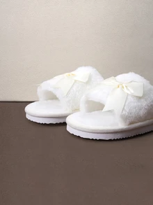 Hatastic New Women's Solid Color Bow Decor Plush Open Toe Slippers, Comfortable Indoor Floor Slippers For All Seasons Halloween - White - View 4