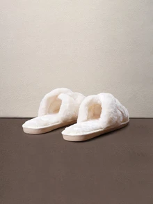 Hatastic Women's Autumn/Winter Open Toe Cross Fuzzy Coral Pink Minimalist Soft Indoor/Outdoor Home Slippers Halloween - White - View 2