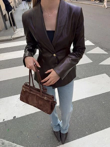 Women's Fashion Deep Brown PU Leather Gold Button Overlap Collar Design Jacket, Autumn/Winter - Chocolate Brown - View 1