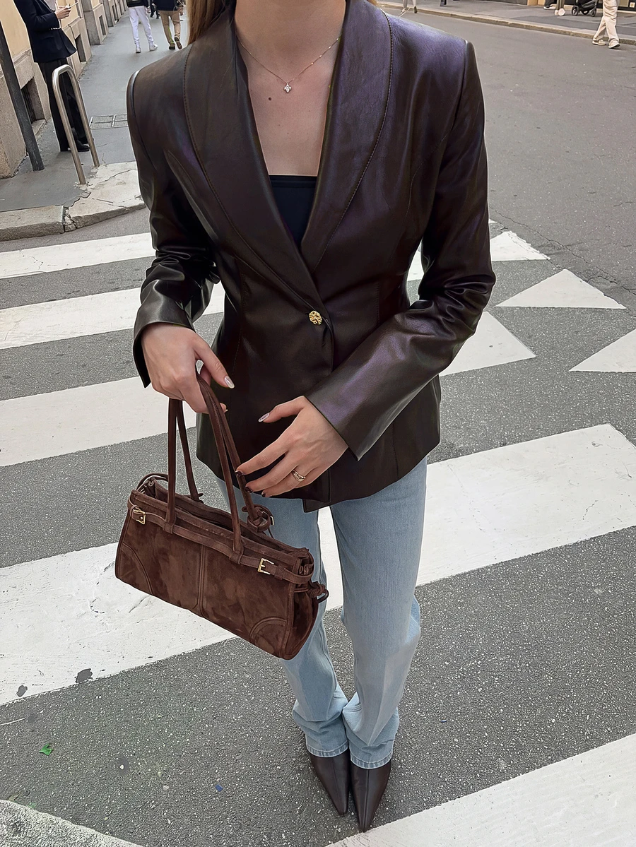 Women's Fashion Deep Brown PU Leather Gold Button Overlap Collar Design Jacket, Autumn/Winter - Chocolate Brown - View 1
