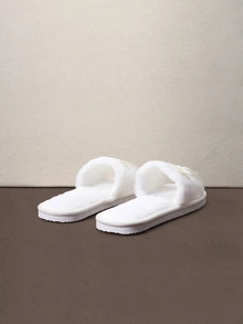 Hatastic New Women's Solid Color Bow Decor Plush Open Toe Slippers, Comfortable Indoor Floor Slippers For All Seasons Halloween - White - View 2
