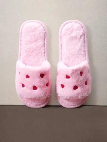 Hatastic Women's Heart Embroidery Fuzzy Open Toe Slippers, Fashionable Cute Home Shoes, Autumn/Winter Maternity Shoes Halloween - Pink - View 1
