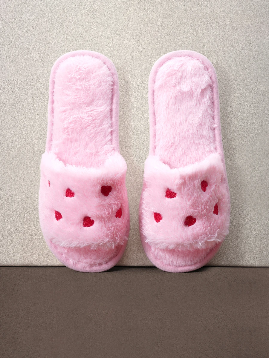 Hatastic Women's Heart Embroidery Fuzzy Open Toe Slippers, Fashionable Cute Home Shoes, Autumn/Winter Maternity Shoes Halloween - Pink - View 1